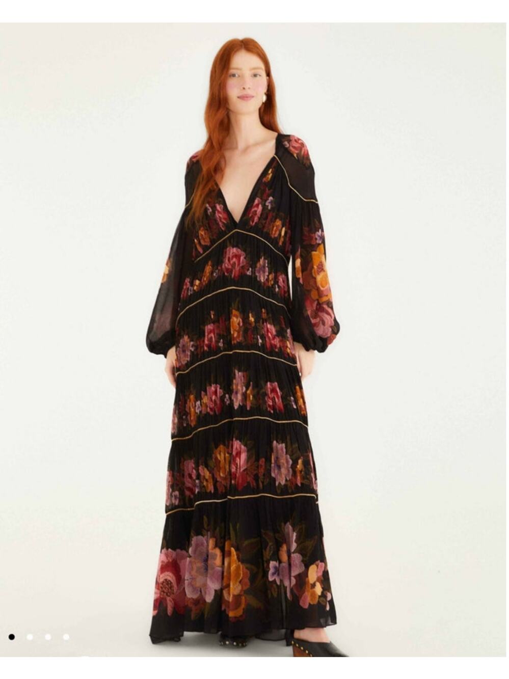 NWOT: FARM Rio Black Chenille Flowers Long Sleeve Midi Dress Size S